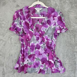 Allison Taylor Wrap Blouse Womens S Purple Floral Ruffle V Neck Chiffon Sheer